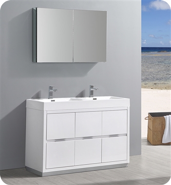 Fresca Valencia 48" Glossy White Free Standing Double Sink Modern Bathroom Vanity with Medicine Cabinet