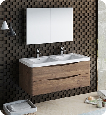 Fresca Tuscany 48" Rosewood Wall Hung Double Sink Modern Bathroom Vanity with Medicine Cabinet