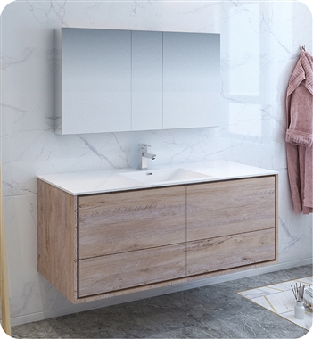 Fresca Catania 60" Rustic Natural Wood Wall Hung Single Sink Modern Bathroom Vanity with Medicine Cabinet