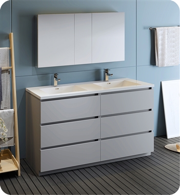 Fresca Lazzaro 60" Gray Free Standing Double Sink Modern Bathroom Vanity with Medicine Cabinet
