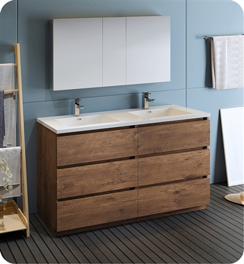 Fresca Lazzaro 60" Rosewood Free Standing Double Sink Modern Bathroom Vanity with Medicine Cabinet